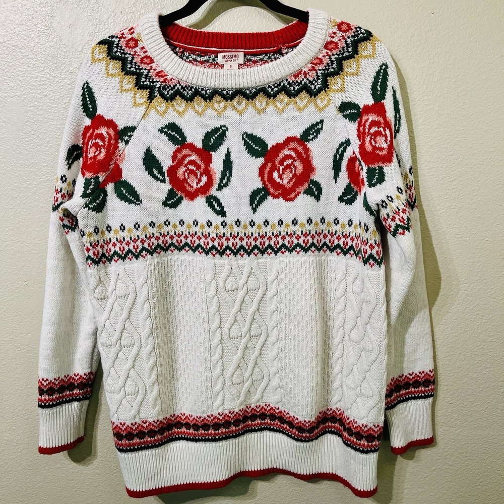 Mossimo Fair Isle Floral Rose Knit Sweater Romantic Cottagecore Oversized Size S